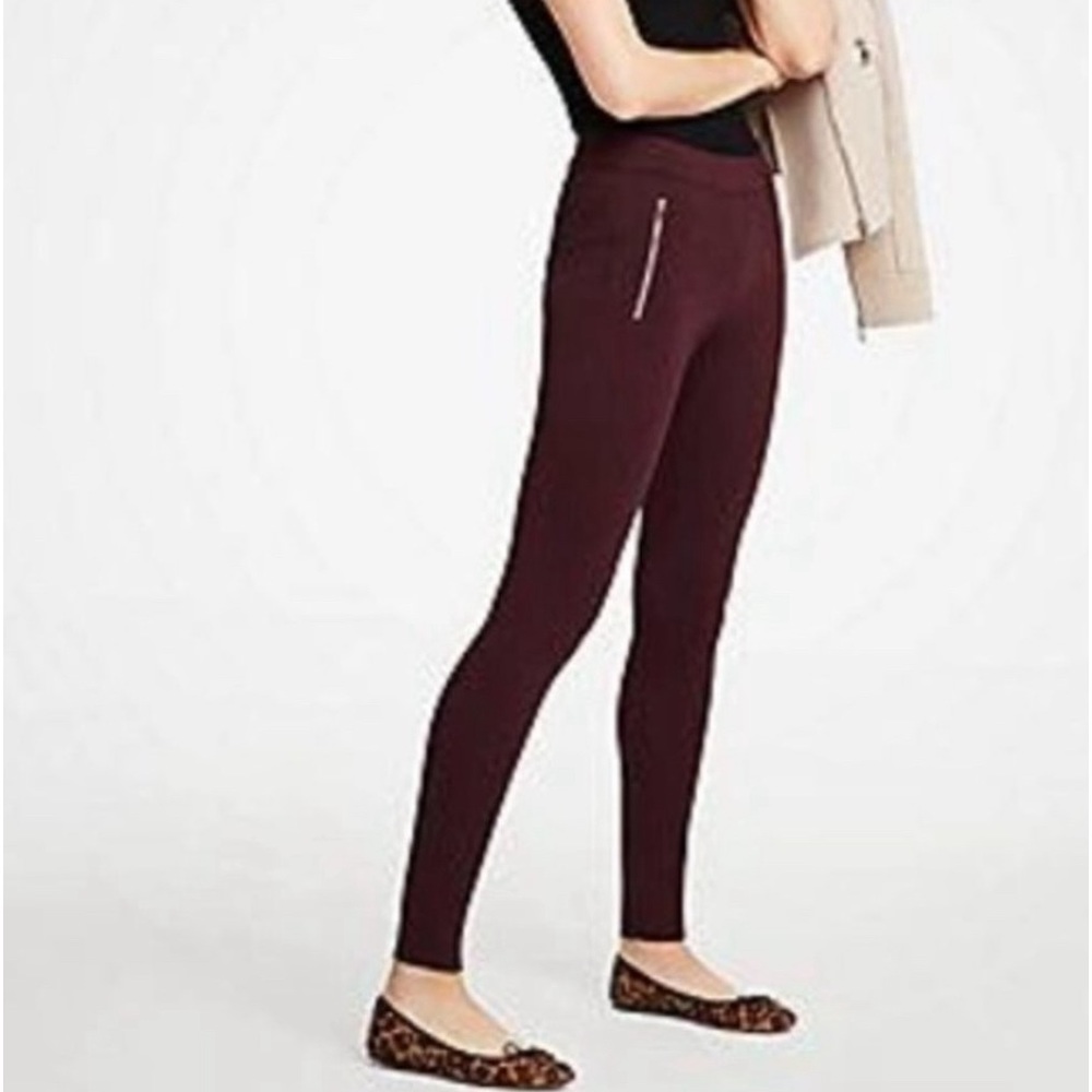 Ann Taylor Burgundy Ponte Knit Stretch Fit Zipper Pocket Legging Pant Sz M